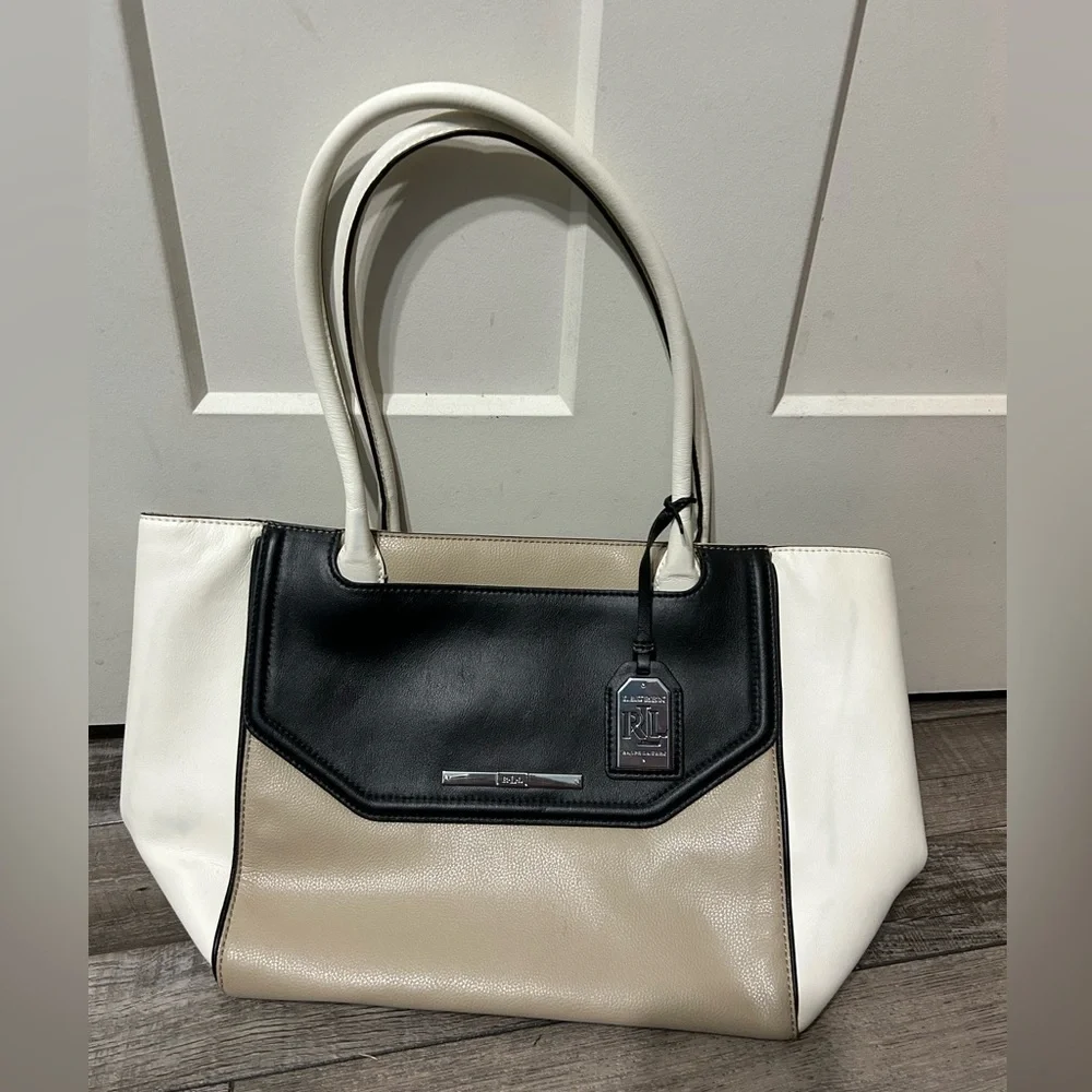 Ralph Lauren large Shoulder purse tote bag Ivory Taupe Black
